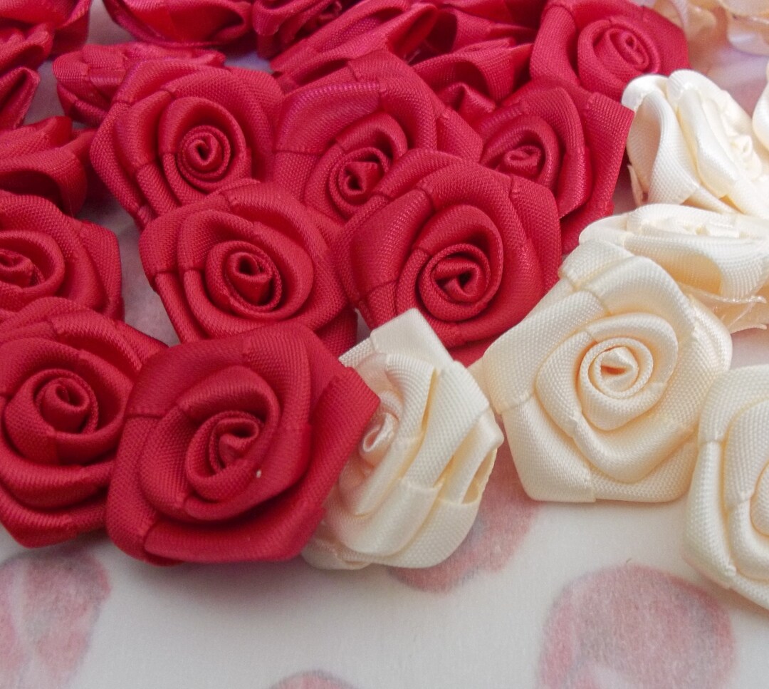 Red Roses Items Satin Ribbon Roses / #48 Items / Red / Ivory / Small Crafting / Card ...