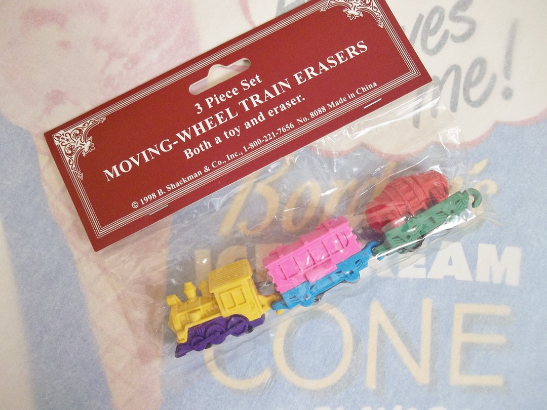 Vintage / 3 Piece Set / Movingwheel Train Erasers / C 1998 Etsy