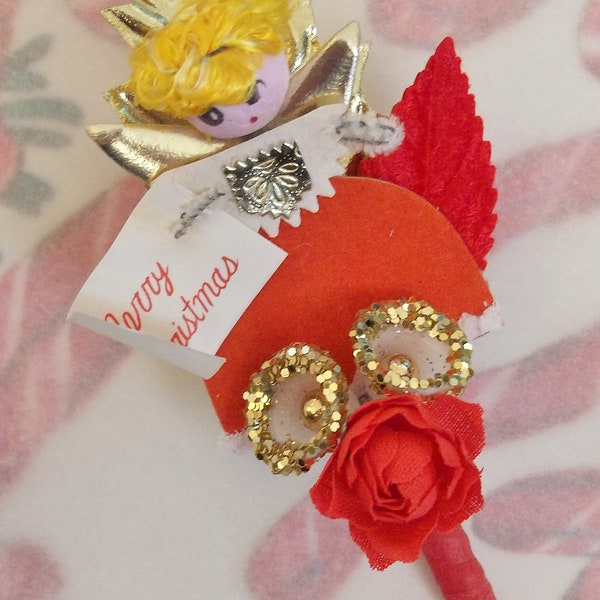 Handmade Christmas Corsage / Made with Vintage Craft Supplies / Angel / Foil Leaf / Sugar Bells / Small Boutonniere Size / Spun Cotton Head