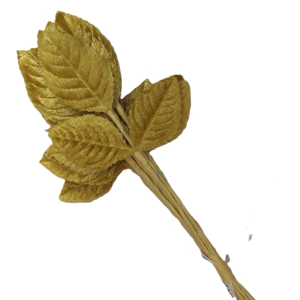 One Bunch / Vintage Millinery / Small Velvet Rose Leaves / Aged Gold / Twelve Stems / Corsage / Made in Japan / Package Tie-Ons