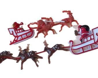 Retro Kitsch Christmas Cake Toppers, Santa in Sleigh, Reindeer, Set of Two