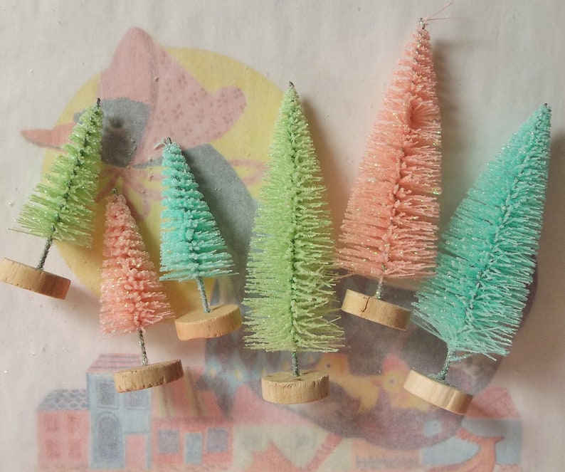 Six / Easter Bottle Brush Trees / Vintage Style / Retro Charm / Scenemakers / Two Sizes / Pastels / Variety / Welcome Spring image 1