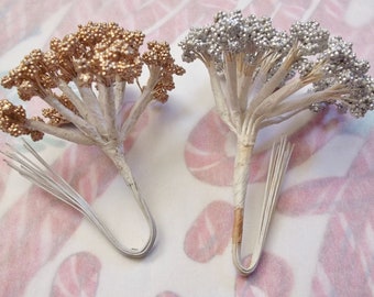 Vintage Craft Supplies / Flower Crafting / Flower Centers / DIY Floral Crafts  / #24 Stems / Silver & Gold / Corsage Fillers / Two Bunches