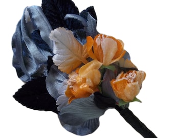 Handmade Halloween Corsage / Vintage Craft Supplies / Black Velvet Leaves / Orange Velvet Flowers / Gray Millinery Flower