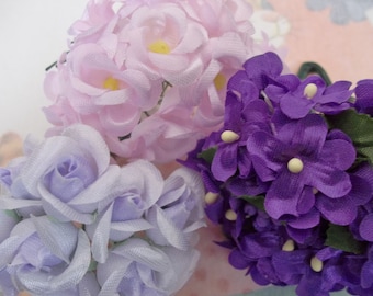 Vintage Millinery / Hydrangea / Miniature Roses & Rosebuds / Three Bouquets / Artificial Flowers  / Corsage Trims / Party Favors / Purples