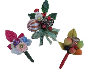 Three Items / Tiny Handmade Corsages / Vintage Craft Supplies / Millinery Flowers / Velvet Leaves / Seasonal / Brooch / Pin-backs / Upcycled