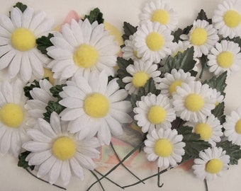 One Dozen / Vintage Millinery / Cotton Fabric Daisies / Yellow Pom Pom Center / Velvet Leaves / Twelve Stems / Corsages / Two Sizes