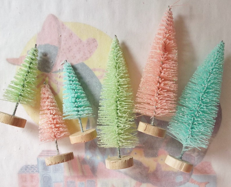 Six / Easter Bottle Brush Trees / Vintage Style / Retro Charm / Scenemakers / Two Sizes / Pastels / Variety / Welcome Spring image 2