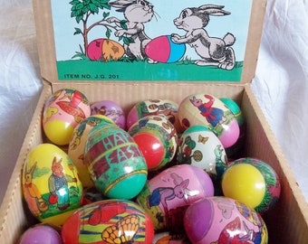 Five Items / Vintage Mystery Surprise Eggs / Bunny Box / Decorative Easter Eggs with Surprise Toy Inside / Made in Hong Kong  / Dime Store