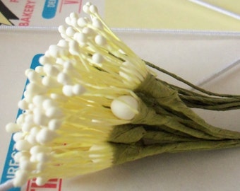 Vintage Millinery / Matte Stamen Flower Centers / Palest Yellow / Pips / Peps / Bunch of Twelve Stems / Flower Making Supply