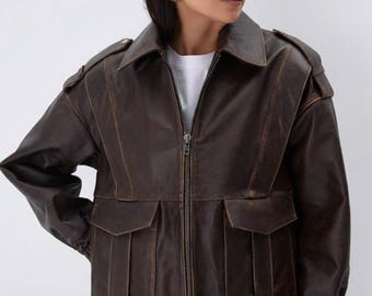 Chaqueta extragrande de piel de vacuno desgastada, estilo vintage, hecha a mano.