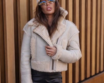 Cropped Shearling Lambskin Leather Jacket – Women's Aviator Coat