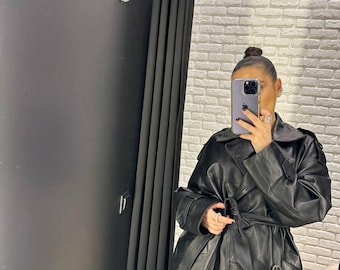 Handmade Oversized Black Leather Trench Coat – Long Double Breasted Winter Coat 120cm