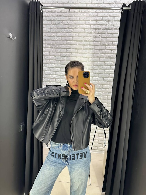 Handmade Sheepskin Leather Biker Jacket – Lace-Up Sleeves, Oversized Fit