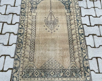 Alfombra turca tejida a mano 3x5 en azul y beige - Auténtica alfombra de lana de Anatolia - Diseño tribal tradicional - Alfombra de área vintage -Decoración boho