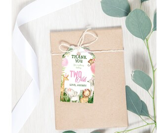 Editable TWO wild thank you tags, Jungle Thank You Party Tags, Birthday Favor Gift Tags, Safari Party Decor, greenery, wild animals