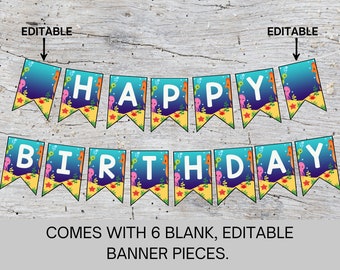 Banner de feliz cumpleaños bajo el mar, Banner EDITABLE de animales del océano, Decoración de fiesta de cumpleaños náutica, Azul, Descarga instantánea