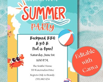 Summer Pool Party Invitation, Beach BBQ Cookout (Canva Editable)