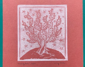 Prickly Pear (red) Lino-block print