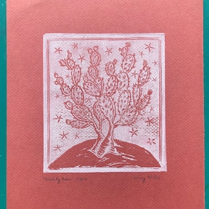 Prickly Pear (red) Lino-block print