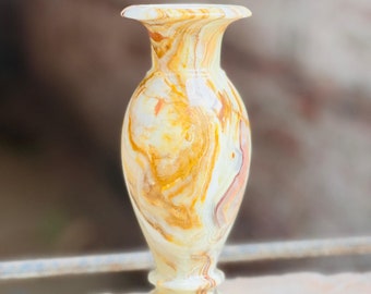 Handcrafted Onyx Marvel - 8" Artisanal Vase with Cream & Amber Swirls