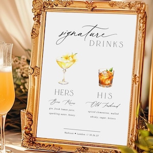 Signature Drink Sign Template, Wedding Bar Menu Sign, Editable Signature Drinks, Cocktail Sign, Editable Templett - Printable His and Hers