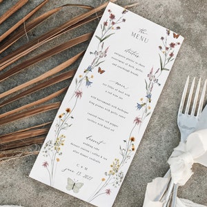 Plantilla de menú de boda con flores silvestres, tarjetas de menú imprimibles con flores, descarga instantánea, menú bohemio DIY con flores, editable con Templett, #Avery