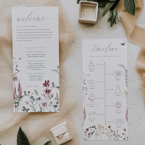List powitalny z motywem dzikich kwiatów i plan podróży, boho letni ślub, wesele w stylu cottage core, harmonogram wydarzeń, edytowalny szablon #Avery