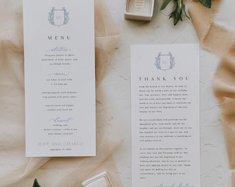 Crest Wedding Menu Template, French Blue Printable Thank You Menu Cards, Instant Download, Classic Menu, Editable with Templett, #Judy