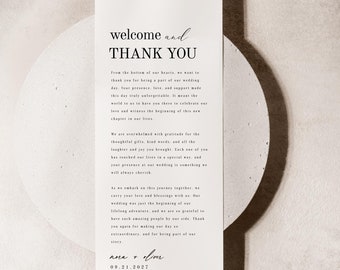 Modern Welcome & Thank You Note, Place Setting Thank You Letter, Editable Napkin Note, Wedding Table Menu Thank You Card Template #Nora