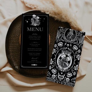 Tarot-Karte Hochzeit Menüvorlage, Mond-Abendmenü, bearbeitbares Gothic Halloween, druckbares modernes himmlisches Menü, Sofort-Download #Mona