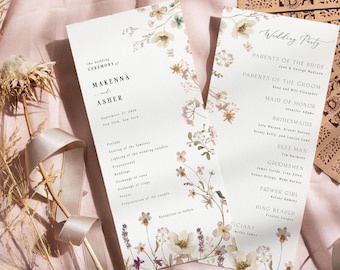 Floral Wedding Program, Boho Wildflower Wedding Ceremony Program Template, Flower Wedding Program Cards #Chloe