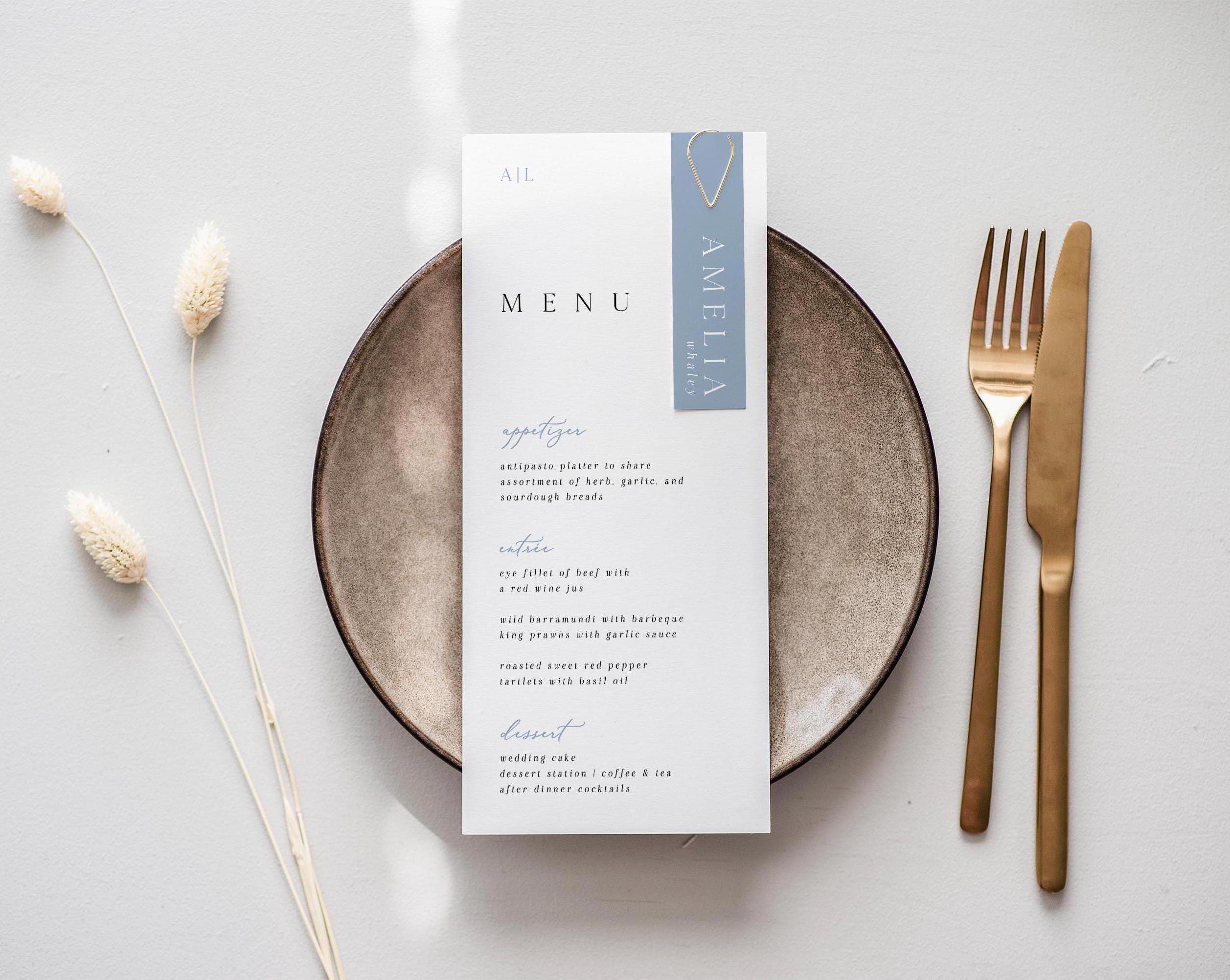 Modern Wedding Menu Template, Dusty Blue Wedding Monogram Menu with Place Card, Wedding Logo Menu, Minimalist Menu Card