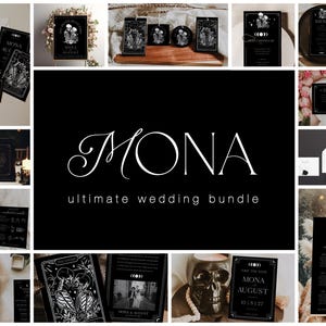 May include: A black and white wedding invitation suite with a gothic and spooky theme. The invitations feature illustrations of skulls, moons, and other macabre imagery. The text on the invitations includes the names "Mona" and "August" and the date "10.15.127".