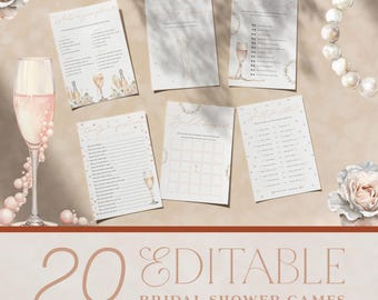 May include: A collection of 20 editable bridal shower games. The games are printed on white paper with soft pink and gold accents. Champagne glasses and floral designs are featured on the game cards. The text "20 Editable Bridal Shower Games" is displayed at the bottom.