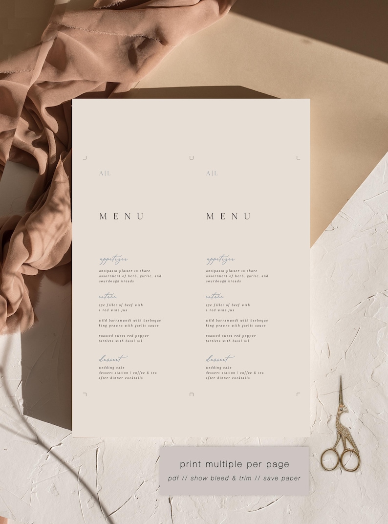 Modern Wedding Menu Template, Dusty Blue Wedding Monogram Menu with Place Card, Wedding Logo Menu, Minimalist Menu Card image 4