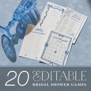 She&#39;s Tying the Knot Bridal Shower Game Bundle, Something Blue Bow Bridal Shower Games, Bachelorette Party Decor, Editable Game Package