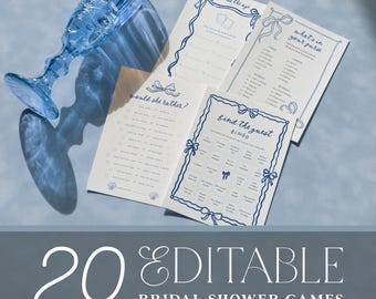 She&#39;s Tying the Knot Bridal Shower Game Bundle, Something Blue Bow Bridal Shower Games, Bachelorette Party Decor, Editable Game Package