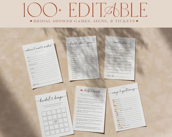 Bridal Shower Games Bundle, Fully Editable, 100 + Fun Bridal Shower Games Pack, Minimalist Bachelorette Party Games, Wedding Shower Games