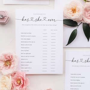 Has She Ever, Bachelorette Spielvorlage, Ever Or Never Bachelorette Spiel Bearbeitbar Druckbar, Minimalist Bridals Duschspiel