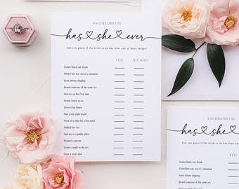 Has She Ever,  Bachelorette Game Template, Ever Or Never Bachelorette Game Editable Printable, Minimalist Bridals Shower Game