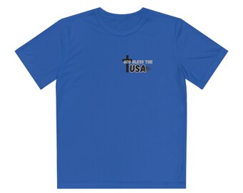 T-shirt performance pour jeunes, chemise God Bless the USA, chemise pour jeunes, chemises pour jeunes 4 juillet, chemise 4 juillet