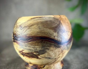 Tilted spalted wood vessel. Hand turned satin finish wooden bowl