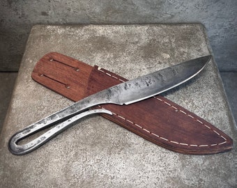Hand forged high carbon steel camp cooking knife with sheath