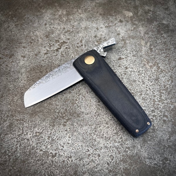 Handmade high carbon steel pocket knife. Friction Folder. Denim Scales
