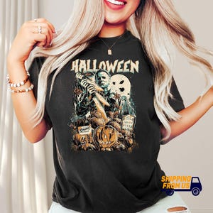 Michael Myers Halloween Comfort Farben Shirt, Retro Horror Grafik T-Shirt, Scary Movie T-Shirt, Kürbis Shirt, Gruseliges Halloween Tshirt