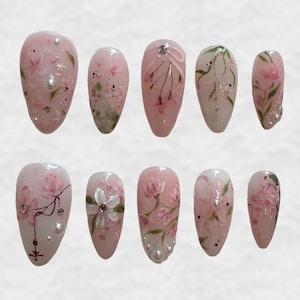 Pink Floral Press On Nails, Hand Painted Cherry Blossom Nails, Long Oval Fake Nails, 3D Pearl Flower Nail Art, Spring Sakura Nail Desig