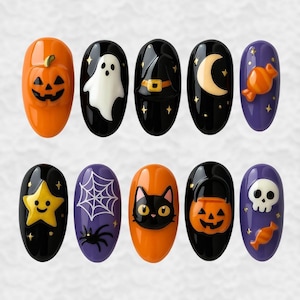 3D Halloween Press On Nails, Ghost Pumpkin Cat Witch Star Spider Nails Set, Kawaii Gel Tips, Handmade Oval False Nails for Spooky Seaso