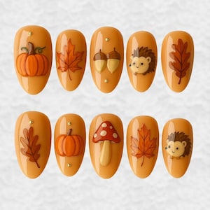 Fall Press On Nails, 3D Pumpkin Acorn Leaf Hedgehog Nails, Autumn Mushroom Nail Art, Handmade Orange Gel Tips for Cozy Season