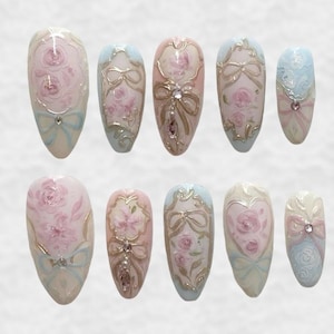 Pastel Victorian Press On Nails, Hand Painted Rose and Bow Nails, Long Oval Fake Nails, Elegant Vintage Nail Art, Romantic Rococo Nail